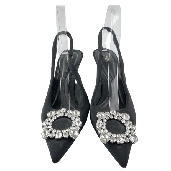 Zara Black Embellished Rhinestone Pointed Slingback Pumps Kitten Heels Size 9 - Picture 2 of 6